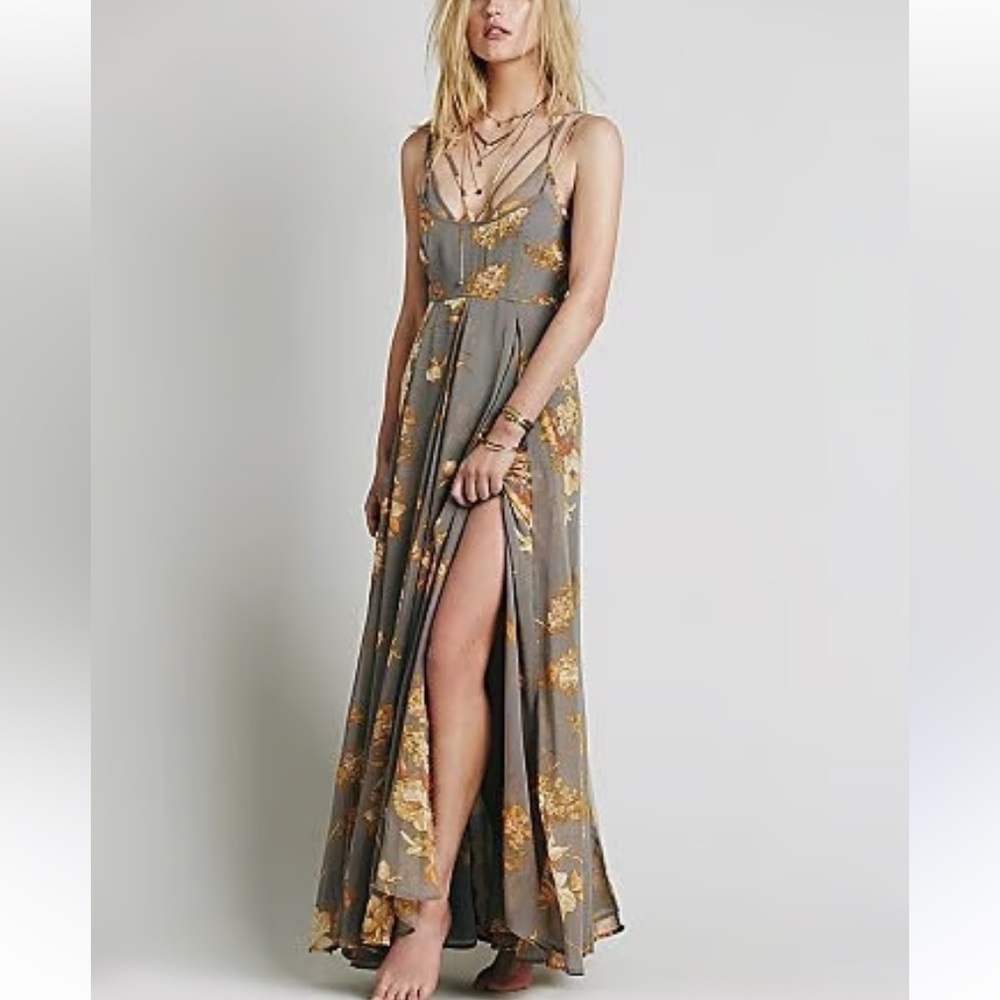 Free People Floral Dress in Gray and Gold